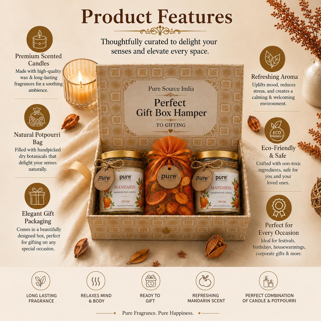 Pure Source India Luxury Festive Gift Box Hamper with Mandarin Scented Candles & Orange Potpourri