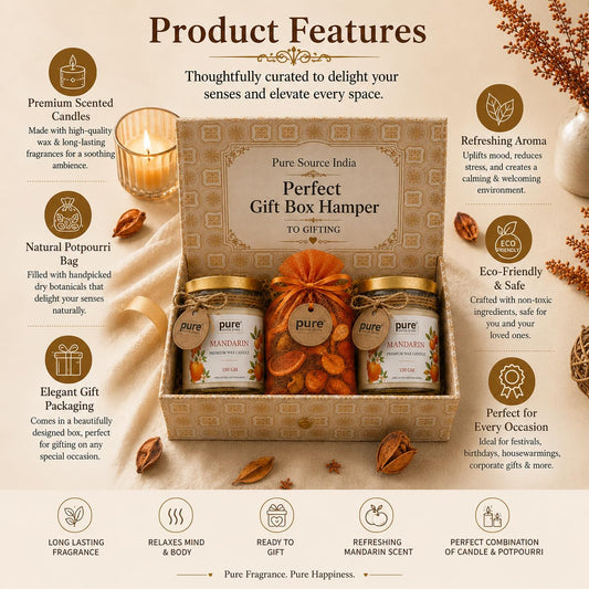 Pure Source India Luxury Festive Gift Box Hamper with Mandarin Scented Candles & Orange Potpourri
