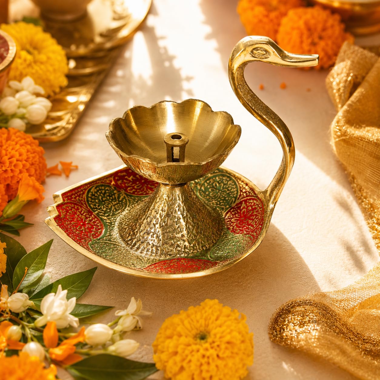 Pure Source India Brass Swan Diya for Pooja, 8 cm | Hand-Painted Flower Oil Lamp with Decorative Tray | Traditional Deepak for Home Temple, Diwali, Festivals, Home Decor & Gifting
