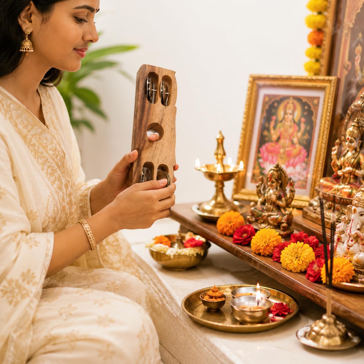 Pure Source India Wooden Kartal Handheld Jingle Bell Musical Instrument Pack of 2 | 4 Stainless Steel Bells | Natural Wood Percussion Shaker for Bhajan, Kirtan, Pooja, Aarti, Meditation & Devotional Music