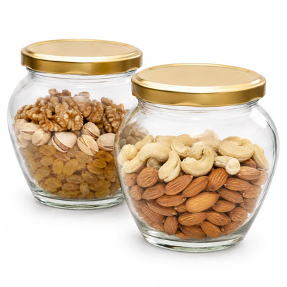 Pure Source India 400ml Glass Matka Jar with Gold Metal Lid | Multipurpose Kitchen Storage Container for Spices, Dry Fruits, Tea, Coffee, Sugar, Honey & Snacks | Transparent Glass Jar