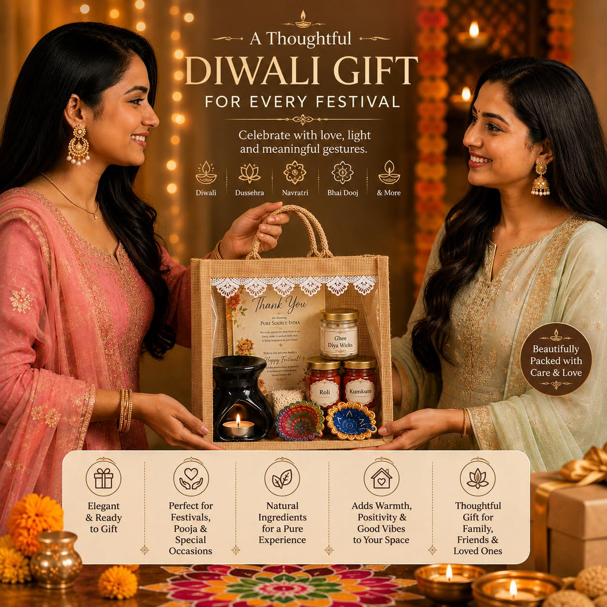 Pure Source India Diwali Pooja Gift Set with Roli Kumkum & Ghee Wicks (Black)