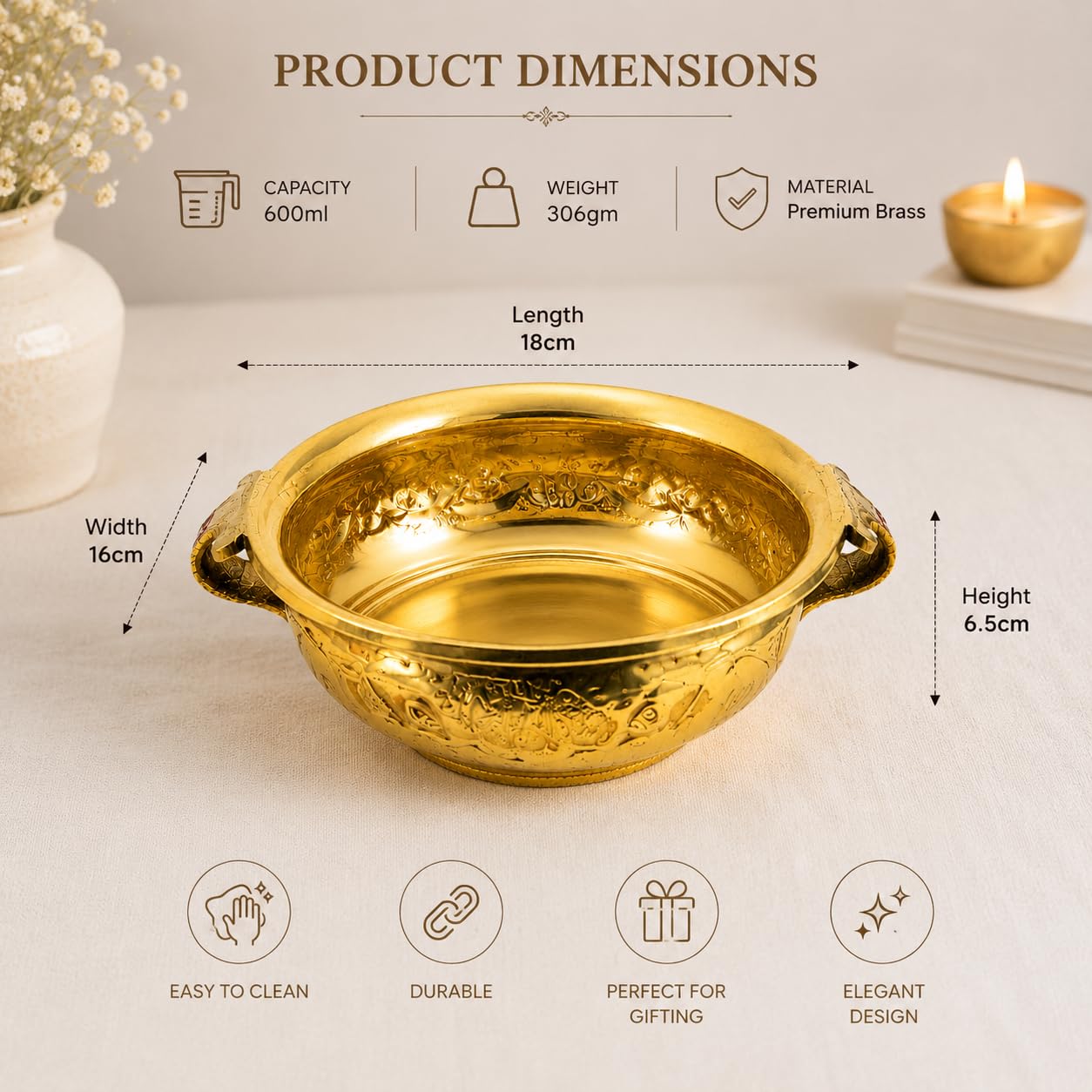 Pure Source India Brass Urli Bowl with Handles, 600 ml | Decorative Floating Flower Bowl for Home Decor, Diwali, Rangoli, Center Table, Wedding, Pooja & Festive Decoration