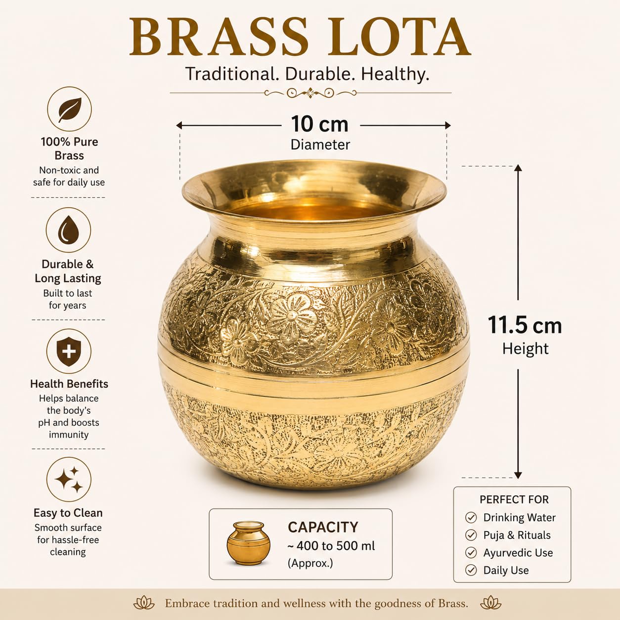 Pure Source India Brass Pooja Kalash Lota 650 ML | 4.25 Inch Traditional Brass Pooja Kalash for Pooja, Temple & Home Decoration | Hindu Religious Pooja Item