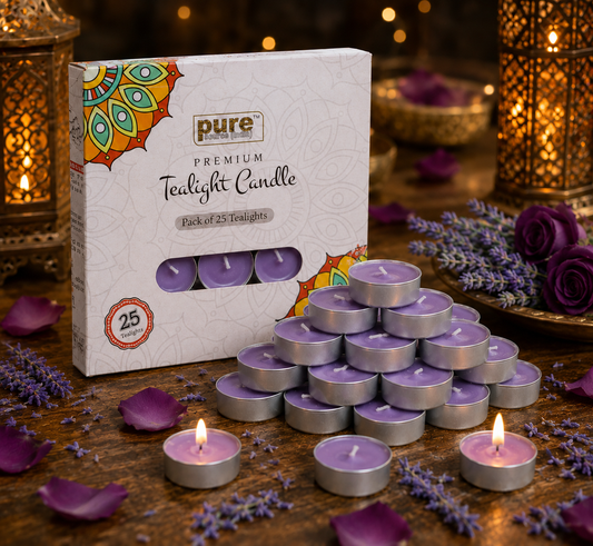 Pure Source India Scented Lavender Tea Light Candles, Pack of 25 | Fragrance Tealight Candles for Home Decor, Pooja, Meditation, Diwali, Parties, Spa & Aromatherapy | Decorative Long-Lasting Candles