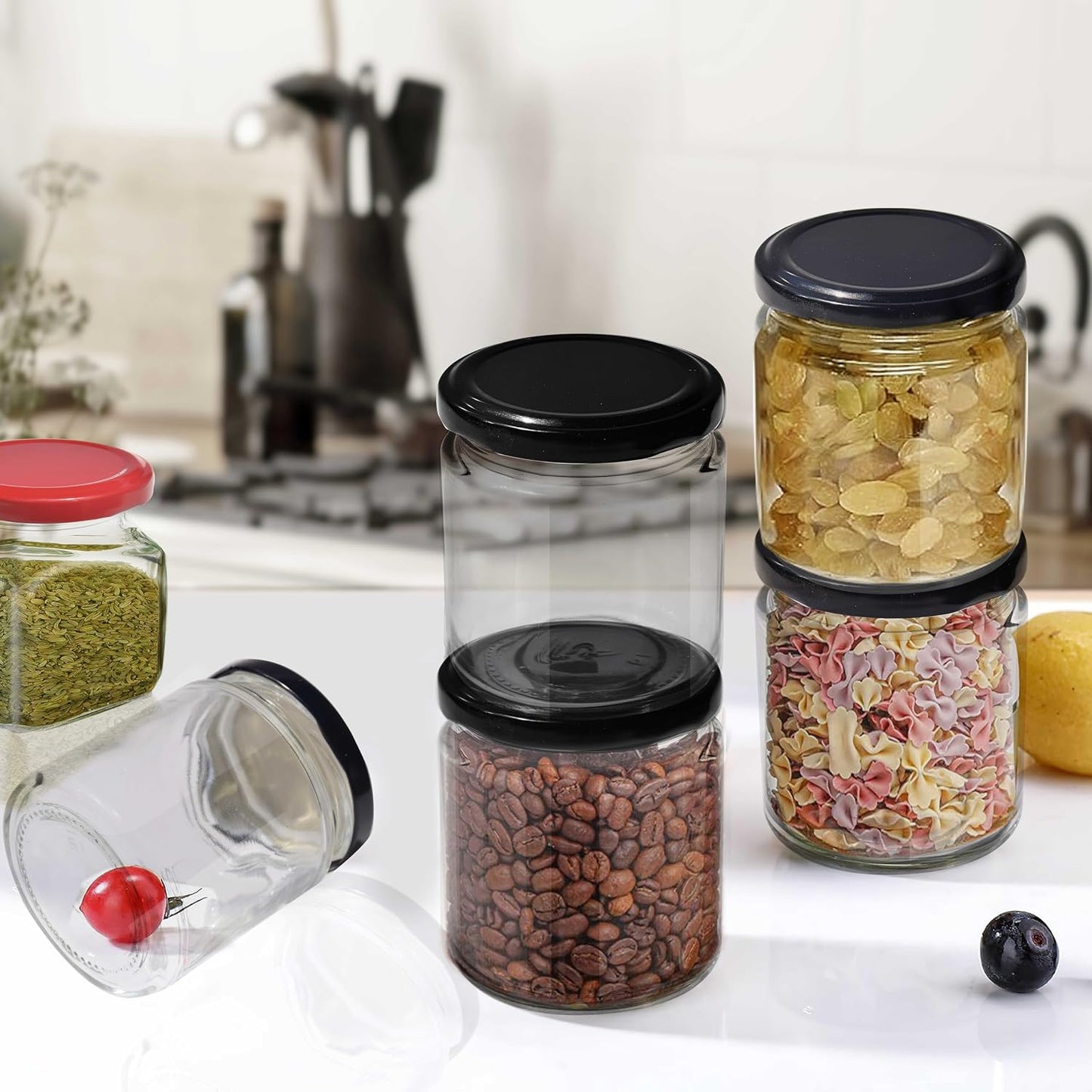 Pure Source India 50 g Crystal Clear Round Glass Jar with Black Cap, Set of 12 | Airtight Food-Grade Storage Container | Rust-Free Jar for Spices, Dry Fruits, Sugar, Tea, Coffee & Kitchen Storage