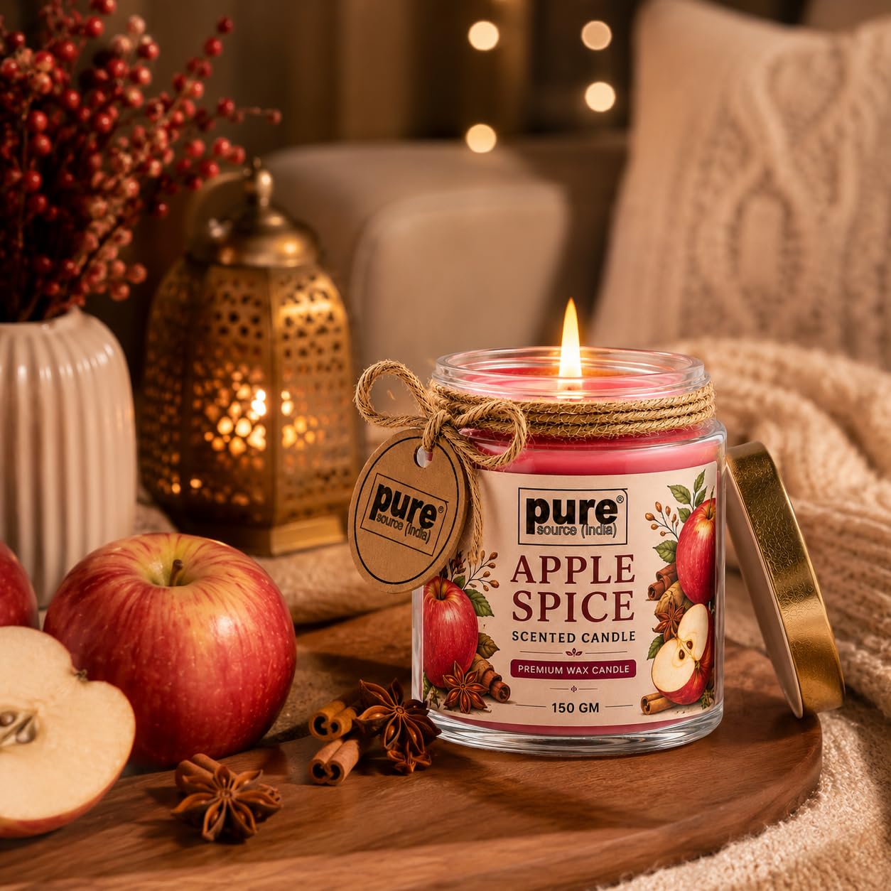 Pure Source India Luxury Festive Gift Box Hamper with Apple Spice Scented Candles & Red Potpourri