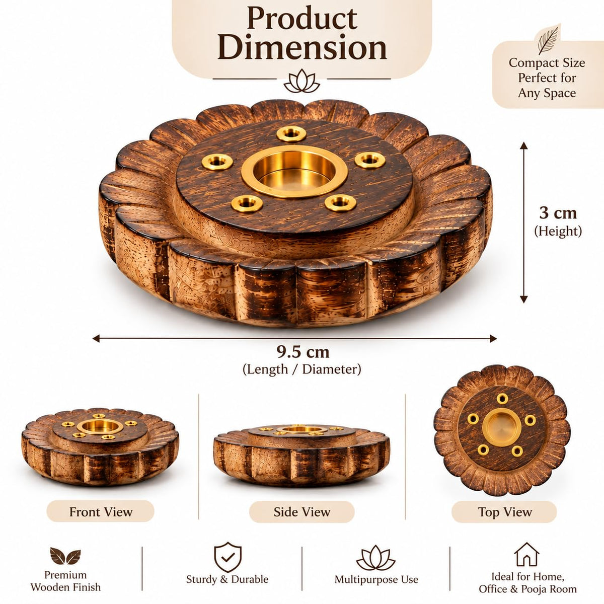Pure Source India Lotus Design Wooden Incense & Dhoop Cone Holder | 5 Stick Agarbatti Stand for Pooja Room