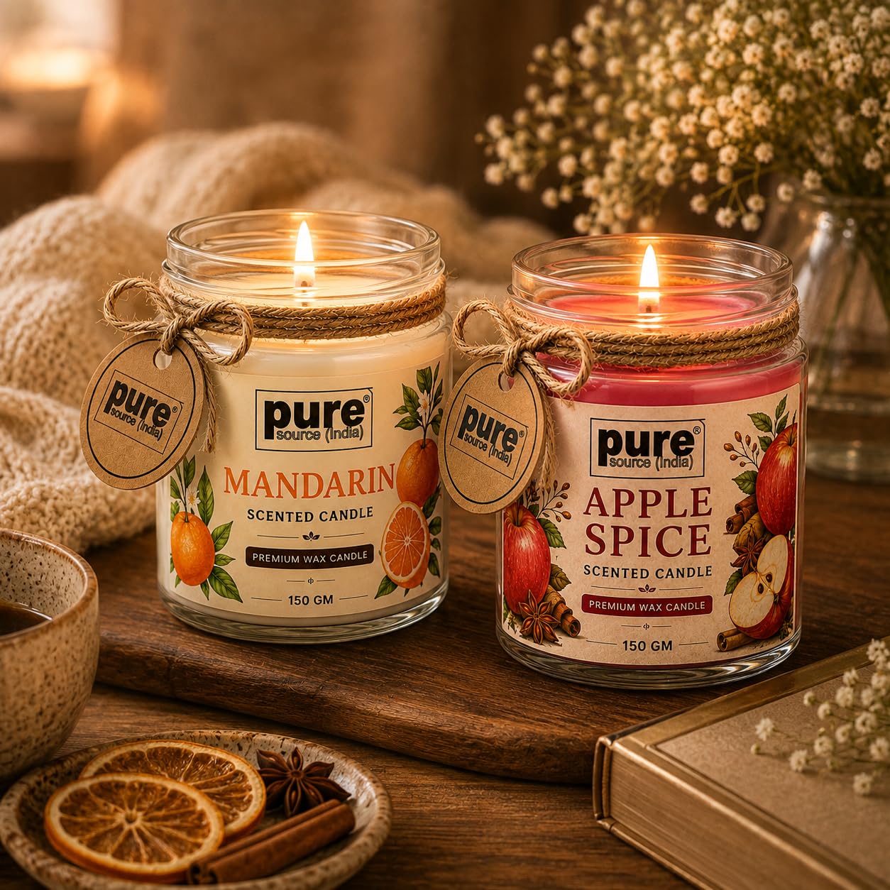 Pure Source India Scented Jar Candle Set of 2 (Apple Spice & Mandarin) | 150g Each | Premium Wax Candles | 35-40 Hours Burn Time | Aromatherapy Candles for Home Decor, Diwali, Bedroom, Spa & Gifts