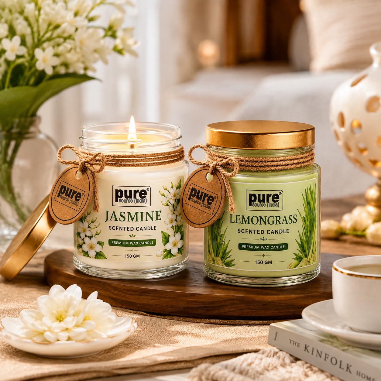 Pure Source India Scented Jar Candle Set of 2 (Jasmine & Lemongrass) | 150 g Each | Premium Wax Candles | 35–40 Hours Burn Time | Aromatherapy Candles for Home Decor, Diwali, Bedroom, Spa & Gifting