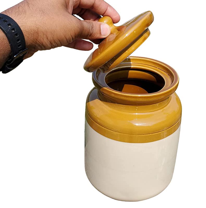 Pure Source India Ceramic Pickle Jar with Lid - 1 Piece, Ivory and Brown