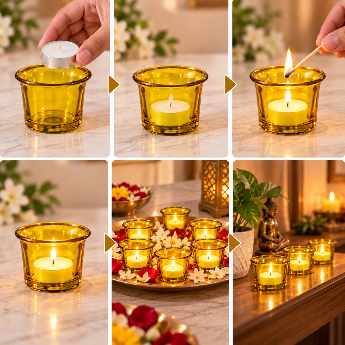 Pure Source India Yellow Makhan Votive Glass Tealight Candle Holder Set of 6 With Tealight for Diwali, Pooja, Rangoli & Home Décor