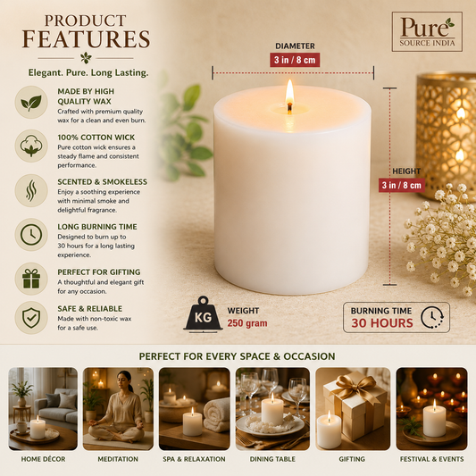 Pure Source India Scented Pillar Candle (3X3 INCH) Decorative Candle for Living Room, Diwali Decor, Gifting, Spa & Meditation (Lemongrass)