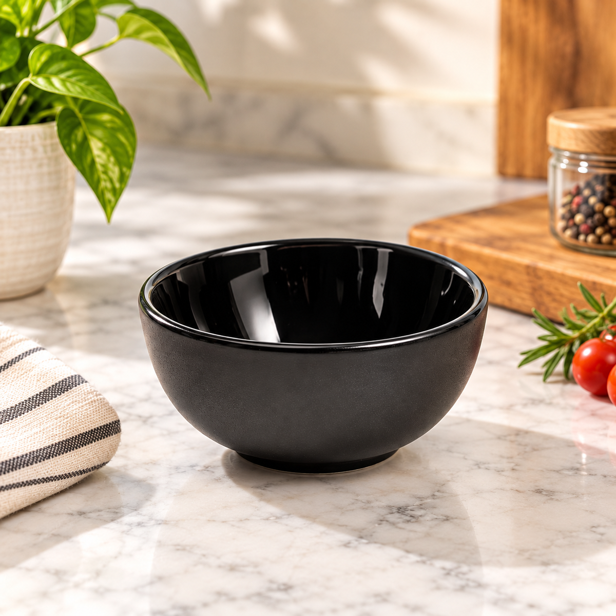 Pure Source India 200ml Black Ceramic Bowl for Serving & Dining | Premium Ceramic Serving Bowl | Food-Safe Kitchen Bowl