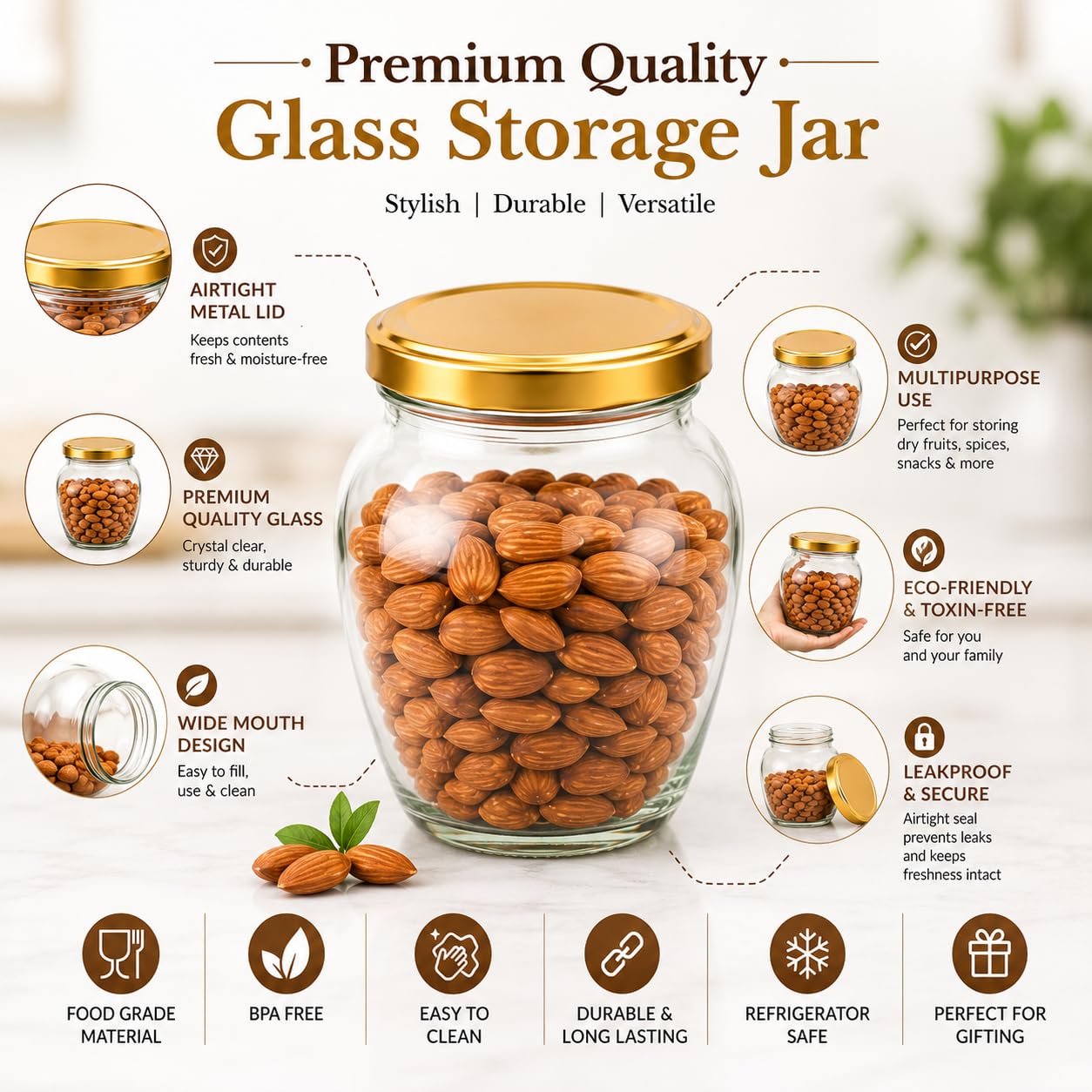 Pure Source India 400ml Glass Matka Jar with Gold Metal Lid | Multipurpose Kitchen Storage Container for Spices, Dry Fruits, Tea, Coffee, Sugar, Honey & Snacks | Transparent Glass Jar