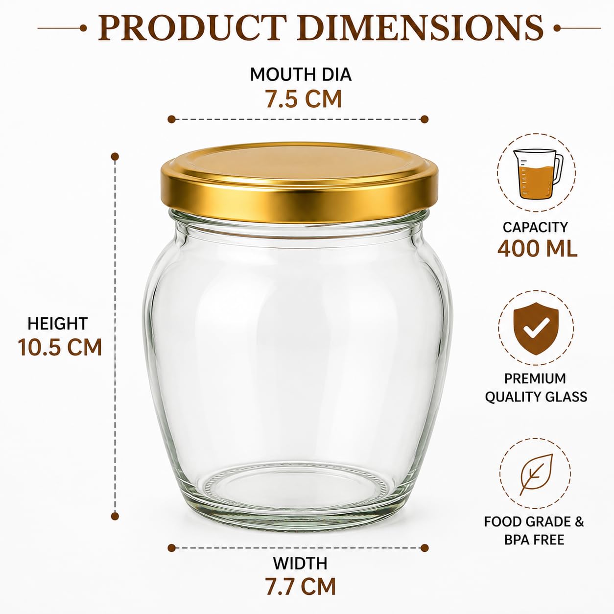 Pure Source India 400ml Glass Matka Jar with Gold Metal Lid | Multipurpose Kitchen Storage Container for Spices, Dry Fruits, Tea, Coffee, Sugar, Honey & Snacks | Transparent Glass Jar