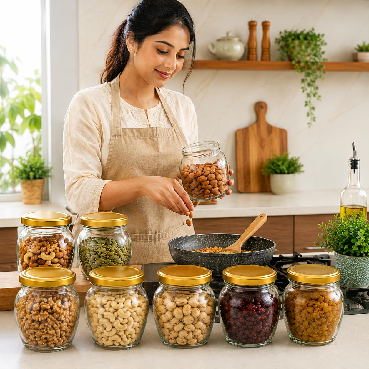 Pure Source India 400ml Glass Matka Jar with Gold Metal Lid | Multipurpose Kitchen Storage Container for Spices, Dry Fruits, Tea, Coffee, Sugar, Honey & Snacks | Transparent Glass Jar
