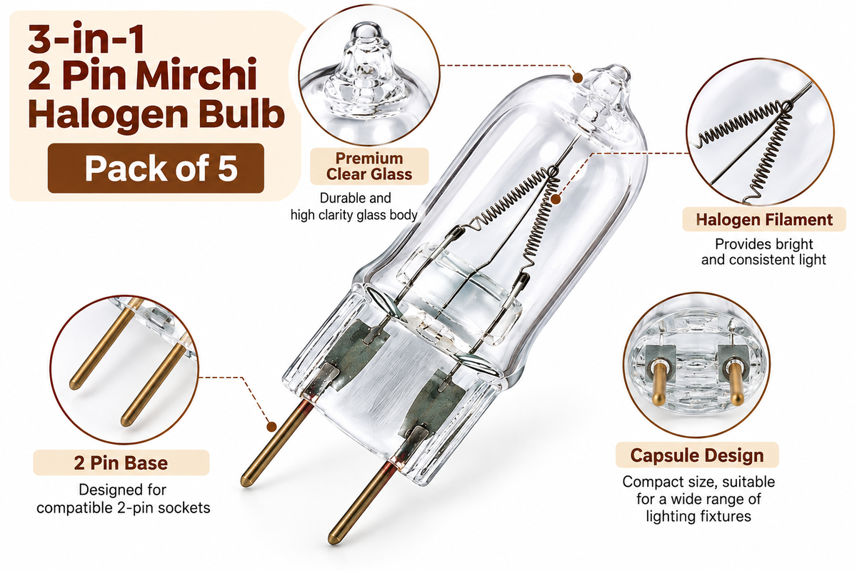 Pure Source India 3-in-1 2 Pin Mirchi Halogen Bulb – Capsule Halogen Lamp, Clear Glass, Pack of 5