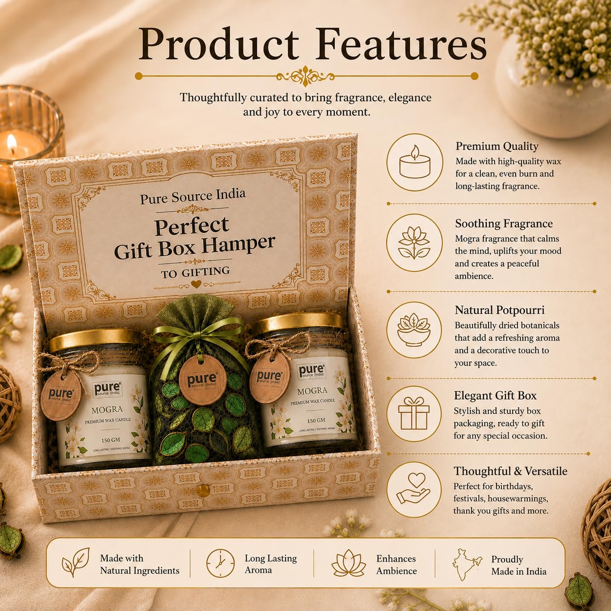 Pure Source India Luxury Festive Gift Box Hamper with Mogra Scented Candles & Green Potpourri| Premium Gift Set