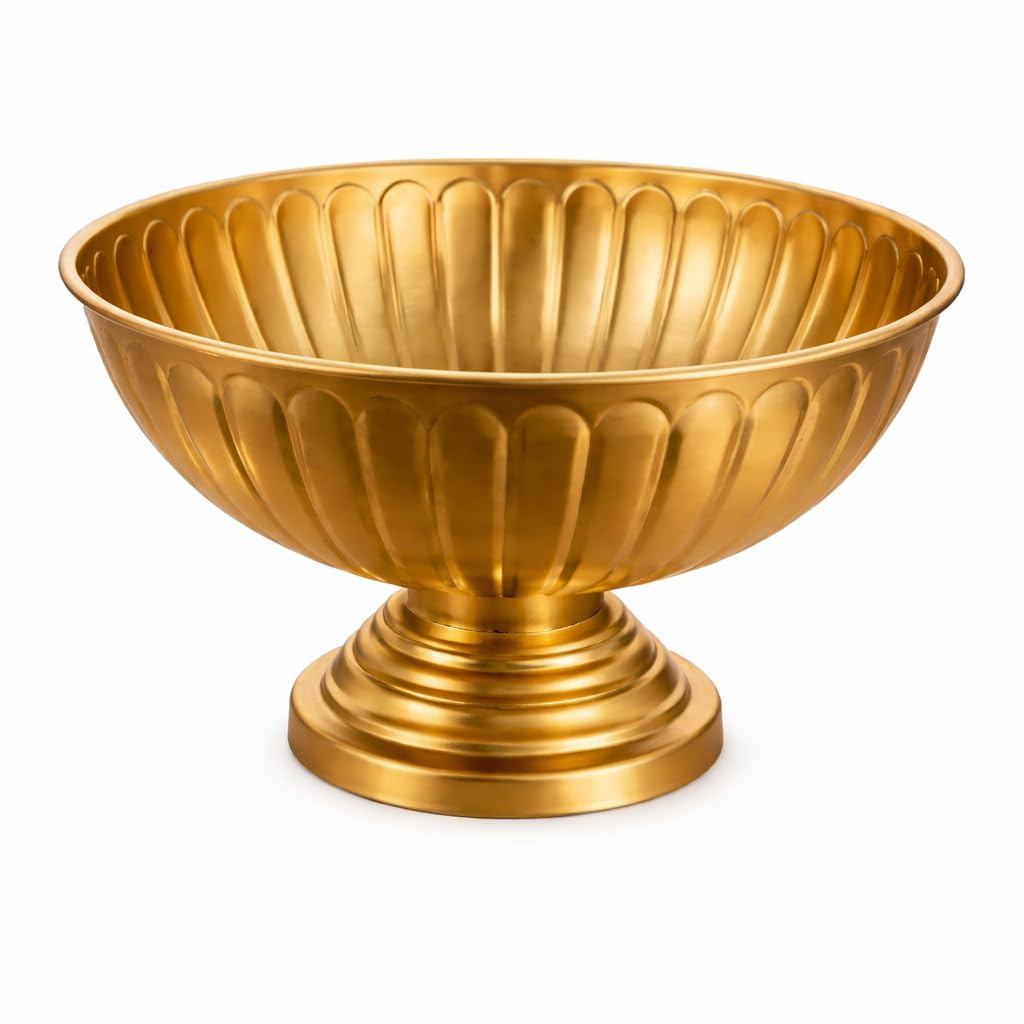 Pure Source India Decorative Metal Urli Bowl with Pedestal Stand, Matte Gold Finish, 8.5 Inch | Round Center Table Bowl for Floating Flowers, Diya, Home Decor, Pooja & Festivals