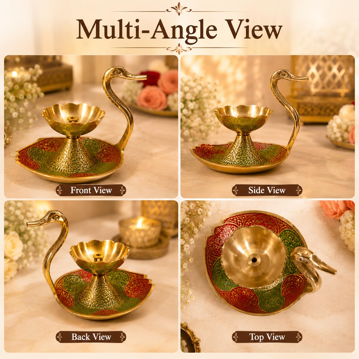Pure Source India Brass Swan Diya for Pooja, 8 cm | Hand-Painted Flower Oil Lamp with Decorative Tray | Traditional Deepak for Home Temple, Diwali, Festivals, Home Decor & Gifting