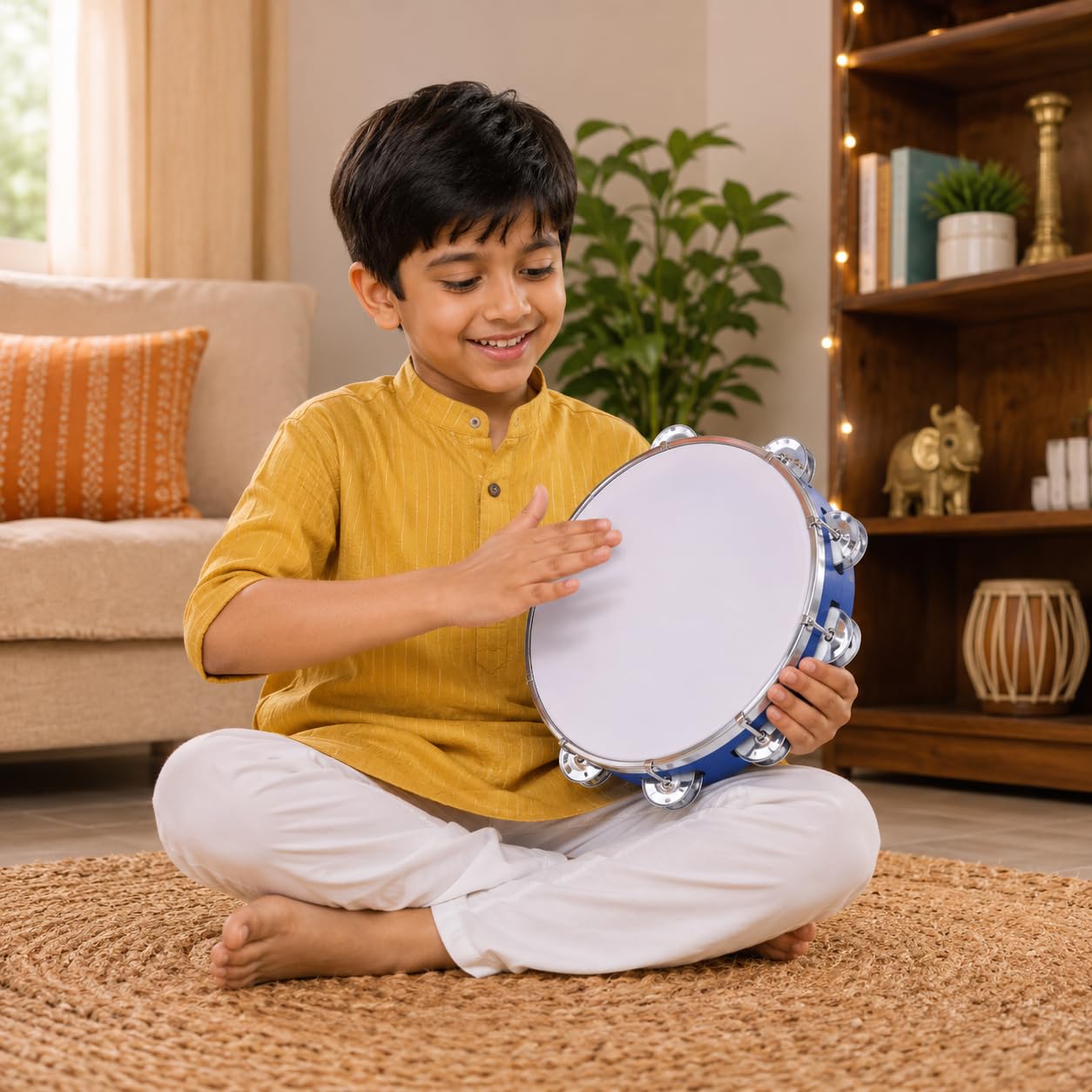 Pure Source India 10 Inch Dapli Handheld Tambourine | Single Row Metal Jingles Percussion Instrument | Lightweight Musical Drum for Kids & Adults | Ideal for Bhajan, Kirtan, Pooja, Aarti, Garba & Cultural Events | Blue