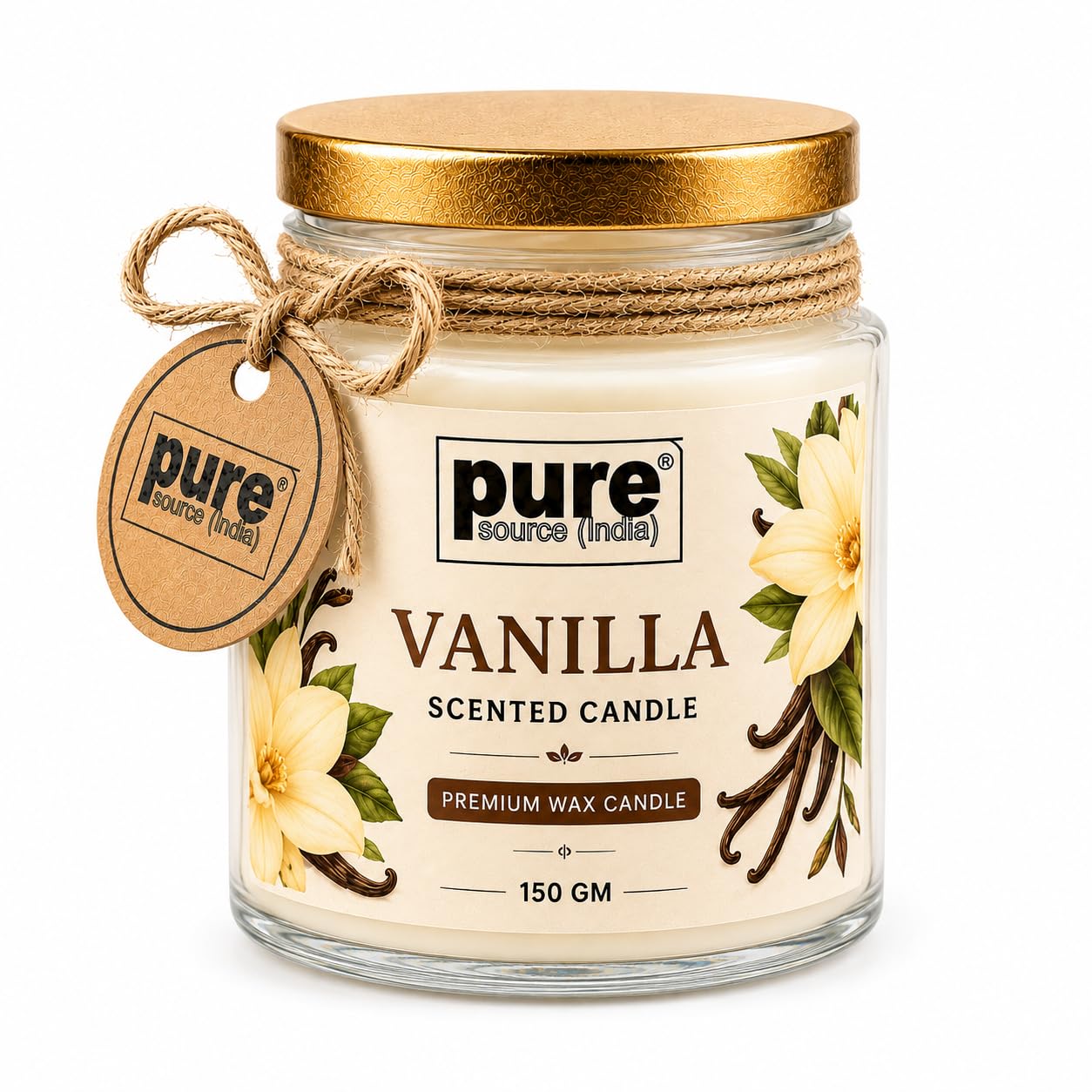 Pure Source India Vanilla Scented Jar Candle | 150 GM | Premium Wax Candle | 35-40 Hours Burn Time | Aromatherapy Candle for Home Decor, Bedroom, Spa, Meditation & Gift