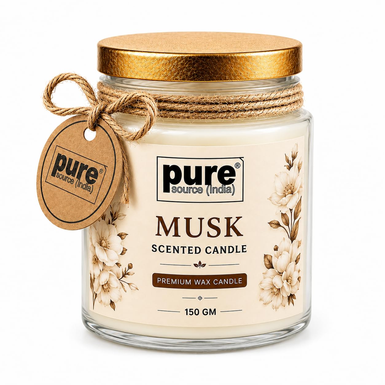 Pure Source India Premium Musk Scented Wax Candle, 150 g | Woody Fragrance | 35–40 Hours Burn Time | Smokeless & Long-Lasting Aromatherapy Candle for Home Decor, Meditation, Diwali, Yoga & Gifting
