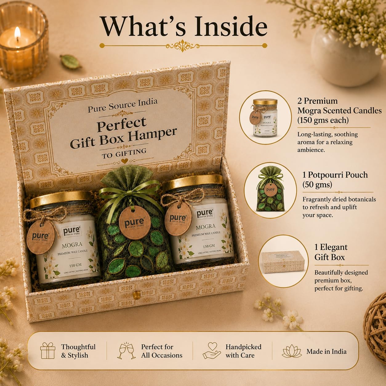 Pure Source India Luxury Festive Gift Box Hamper with Mogra Scented Candles & Green Potpourri| Premium Gift Set