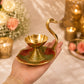 Pure Source India Brass Swan Diya for Pooja, 8 cm | Hand-Painted Flower Oil Lamp with Decorative Tray | Traditional Deepak for Home Temple, Diwali, Festivals, Home Decor & Gifting