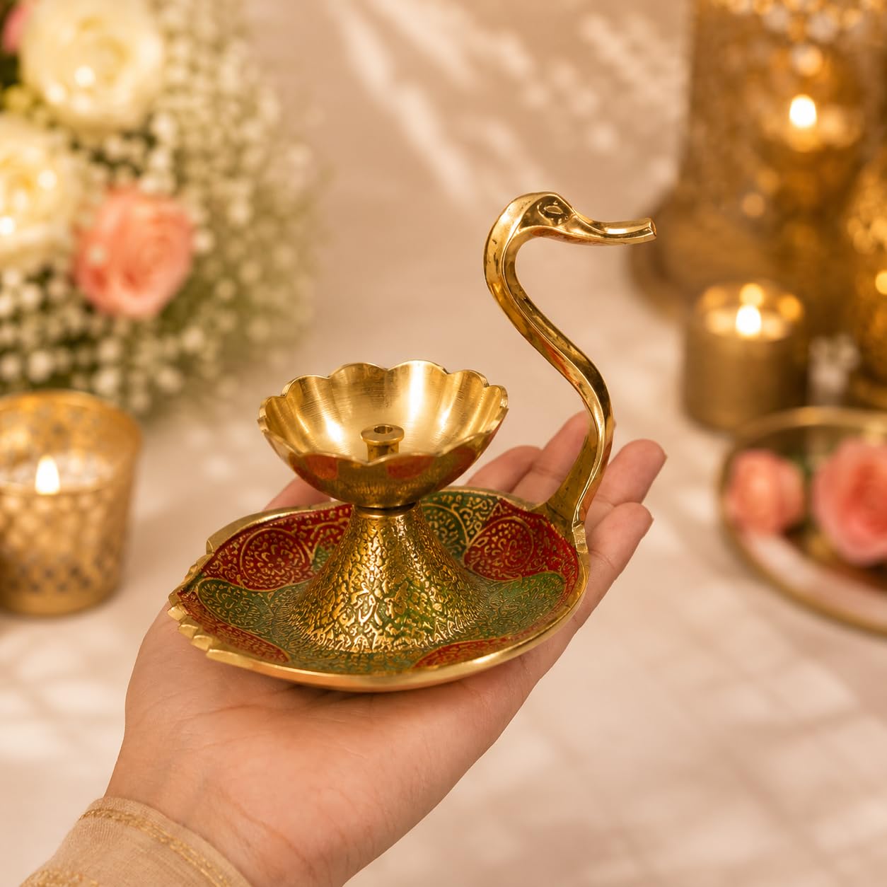 Pure Source India Brass Swan Diya for Pooja, 8 cm | Hand-Painted Flower Oil Lamp with Decorative Tray | Traditional Deepak for Home Temple, Diwali, Festivals, Home Decor & Gifting