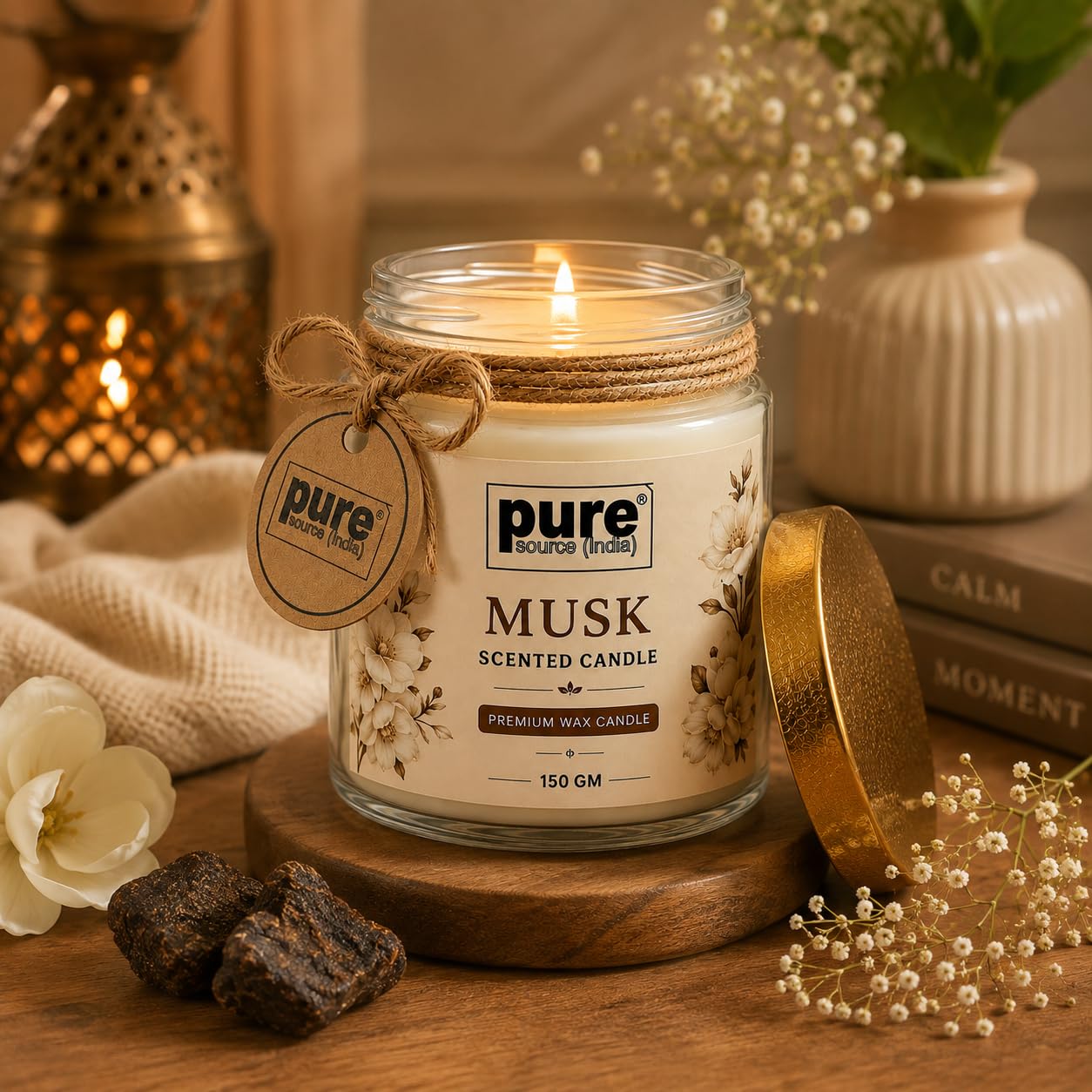Pure Source India Premium Musk Scented Wax Candle, 150 g | Woody Fragrance | 35–40 Hours Burn Time | Smokeless & Long-Lasting Aromatherapy Candle for Home Decor, Meditation, Diwali, Yoga & Gifting