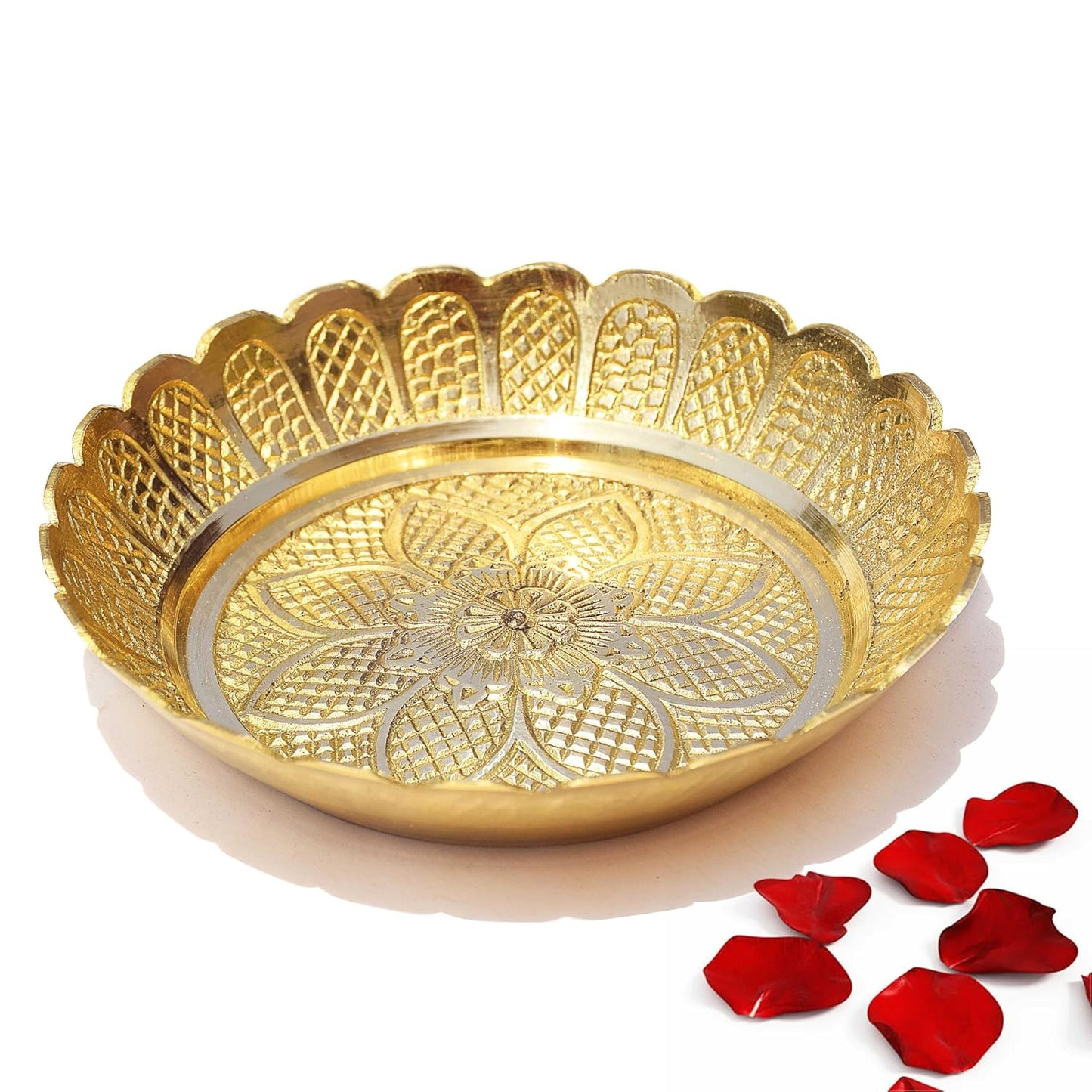 Pure Source India Pure Brass Small Pooja Plate 4.25 Inch with Flower Embossed Design | Traditional Bhog Plate for Puja, Aarti, Prasad, Mandir, Religious Rituals, Home Decor & Gifting