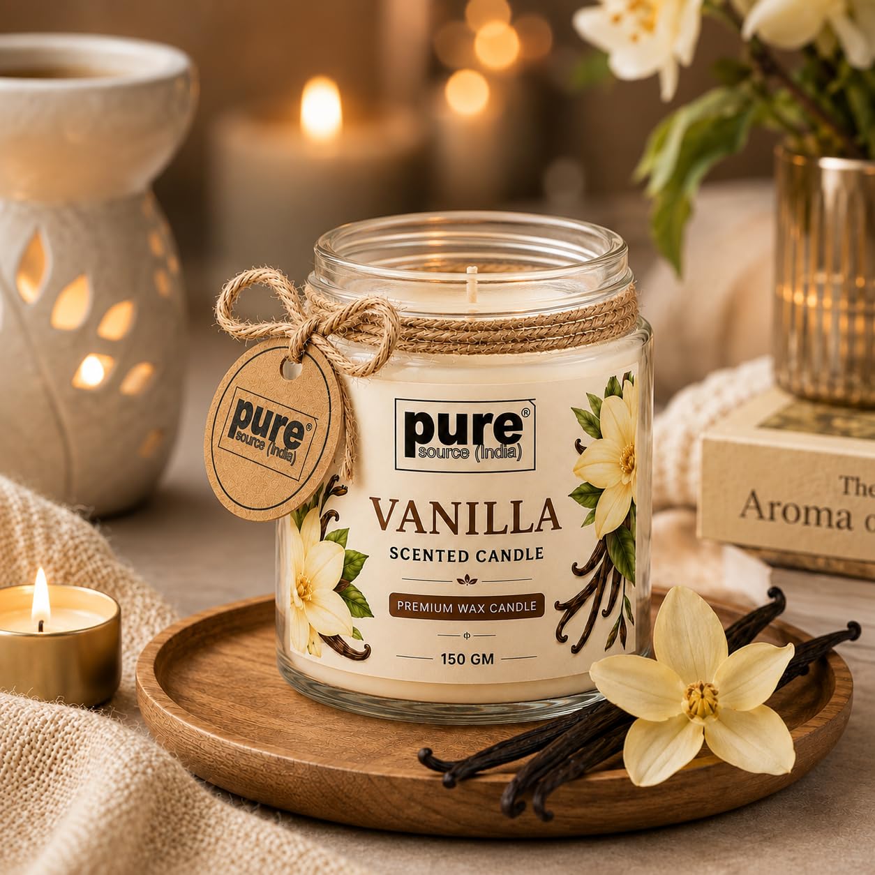 Pure Source India Vanilla Scented Jar Candle | 150 GM | Premium Wax Candle | 35-40 Hours Burn Time | Aromatherapy Candle for Home Decor, Bedroom, Spa, Meditation & Gift