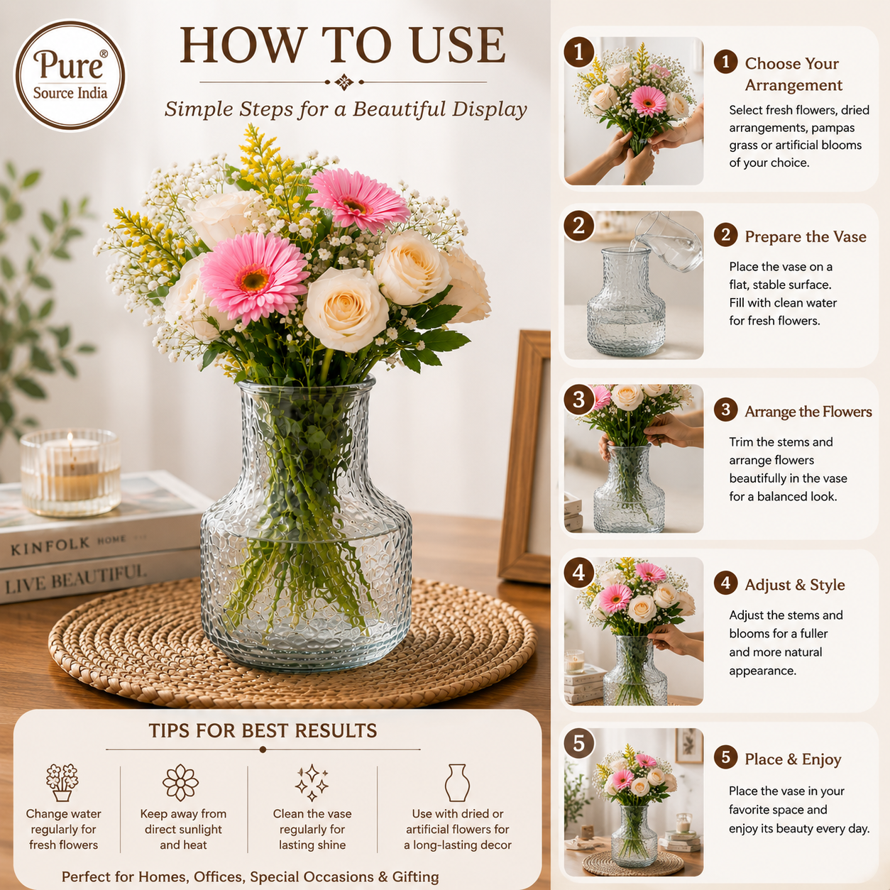 Pure Source India Modern 8 Inch Glass Flower Vase – Hammered Texture Decorative Tabletop Vase for Flowers & Home Decor