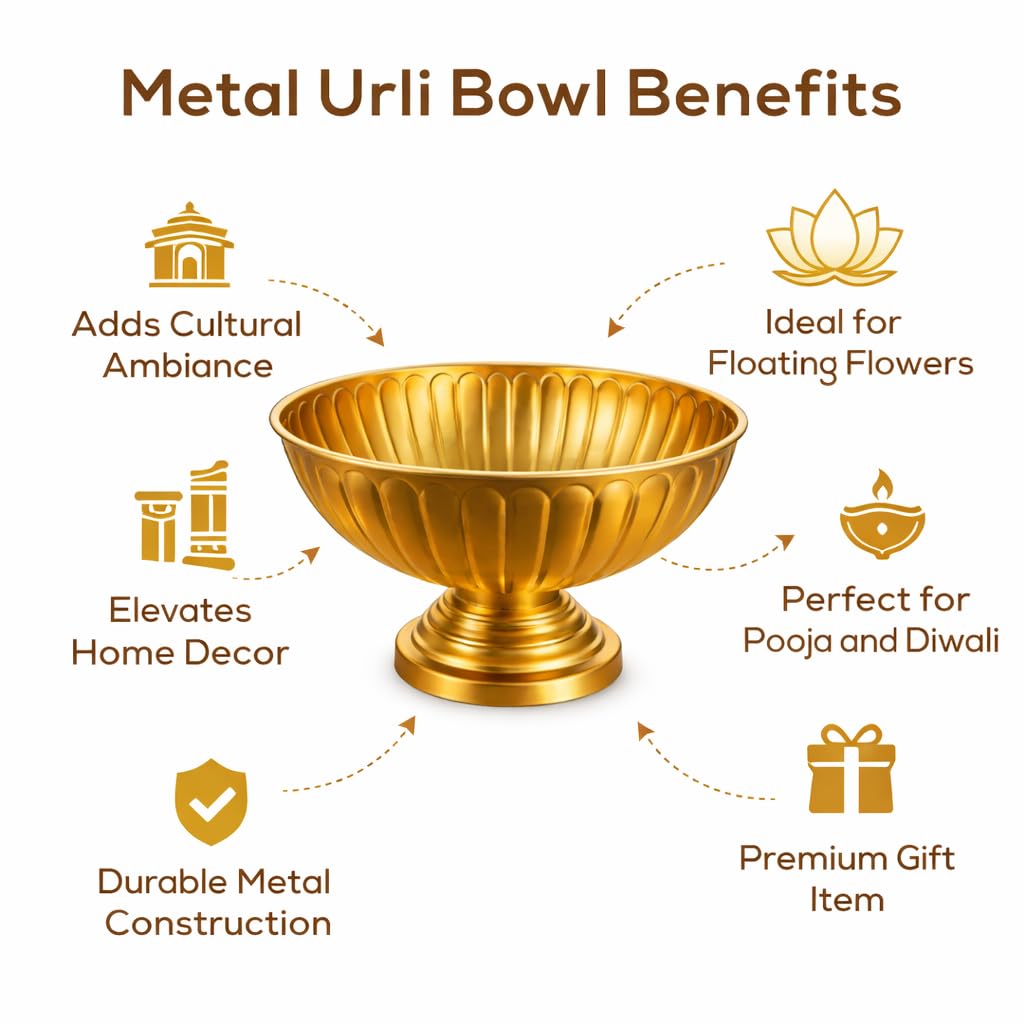Pure Source India Decorative Metal Urli Bowl with Pedestal Stand, Matte Gold Finish, 8.5 Inch | Round Center Table Bowl for Floating Flowers, Diya, Home Decor, Pooja & Festivals