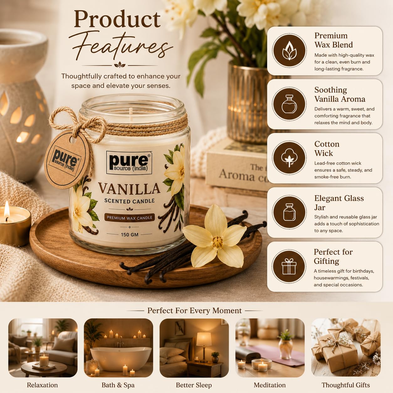 Pure Source India Vanilla Scented Jar Candle | 150 GM | Premium Wax Candle | 35-40 Hours Burn Time | Aromatherapy Candle for Home Decor, Bedroom, Spa, Meditation & Gift