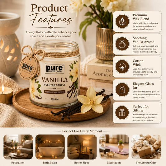 Pure Source India Vanilla Scented Jar Candle | 150 GM | Premium Wax Candle | 35-40 Hours Burn Time | Aromatherapy Candle for Home Decor, Bedroom, Spa, Meditation & Gift