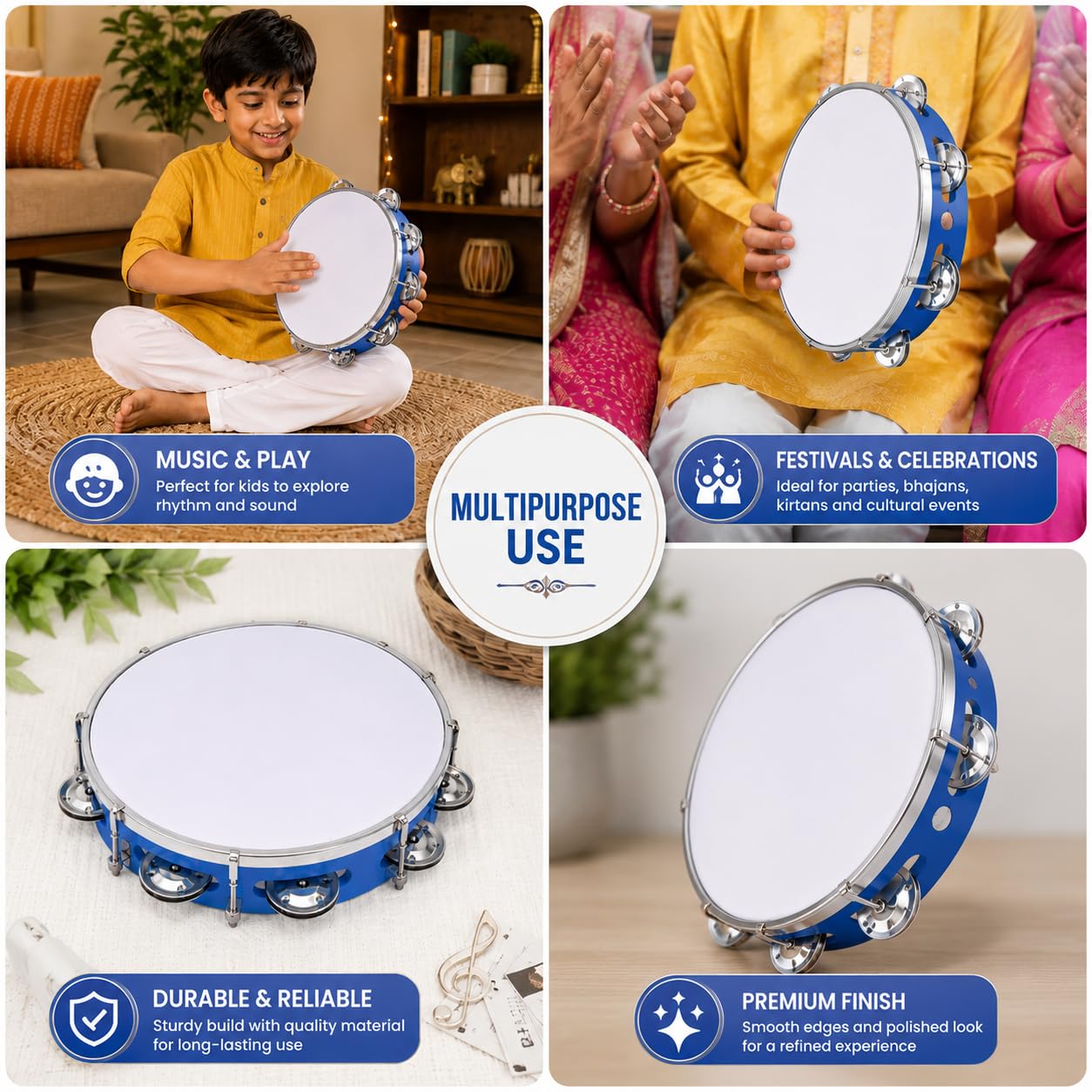 Pure Source India 10 Inch Dapli Handheld Tambourine | Single Row Metal Jingles Percussion Instrument | Lightweight Musical Drum for Kids & Adults | Ideal for Bhajan, Kirtan, Pooja, Aarti, Garba & Cultural Events | Blue