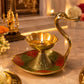 Pure Source India Brass Swan Diya for Pooja, 8 cm | Hand-Painted Flower Oil Lamp with Decorative Tray | Traditional Deepak for Home Temple, Diwali, Festivals, Home Decor & Gifting