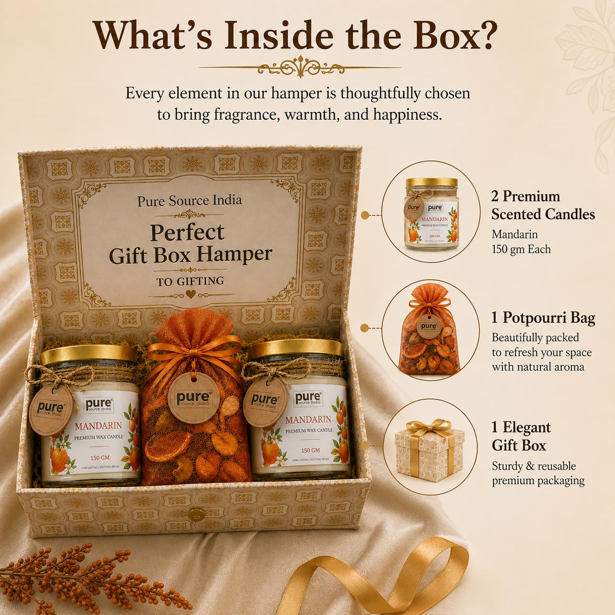 Pure Source India Luxury Festive Gift Box Hamper with Mandarin Scented Candles & Orange Potpourri