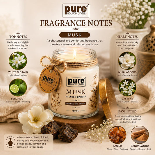 Pure Source India Premium Musk Scented Wax Candle, 150 g | Woody Fragrance | 35–40 Hours Burn Time | Smokeless & Long-Lasting Aromatherapy Candle for Home Decor, Meditation, Diwali, Yoga & Gifting