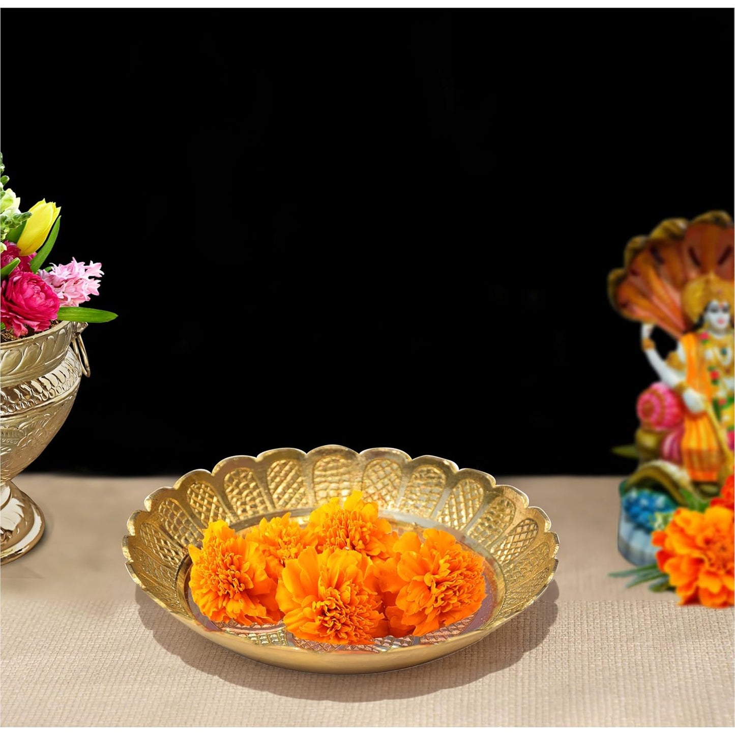 Pure Source India Pure Brass Small Pooja Plate 4.25 Inch with Flower Embossed Design | Traditional Bhog Plate for Puja, Aarti, Prasad, Mandir, Religious Rituals, Home Decor & Gifting