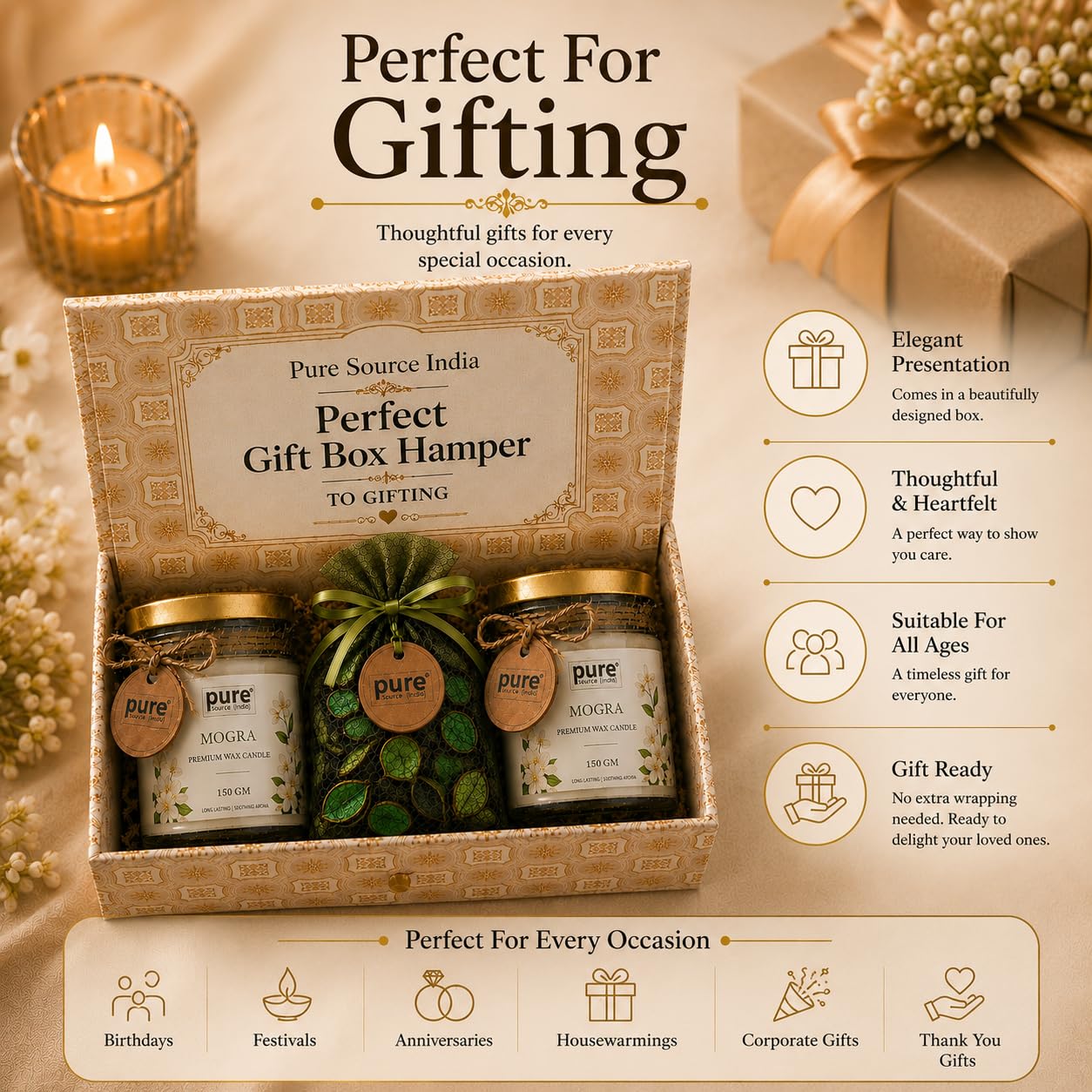 Pure Source India Luxury Festive Gift Box Hamper with Mogra Scented Candles & Green Potpourri| Premium Gift Set