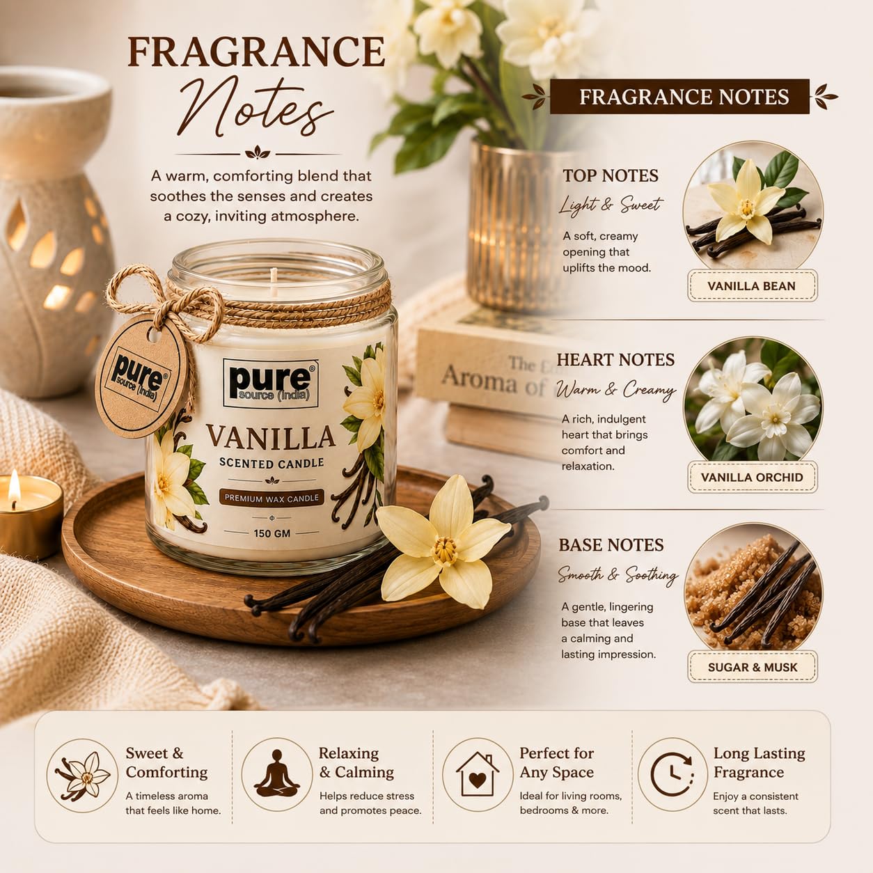 Pure Source India Vanilla Scented Jar Candle | 150 GM | Premium Wax Candle | 35-40 Hours Burn Time | Aromatherapy Candle for Home Decor, Bedroom, Spa, Meditation & Gift