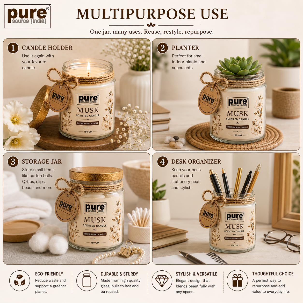 Pure Source India Premium Musk Scented Wax Candle, 150 g | Woody Fragrance | 35–40 Hours Burn Time | Smokeless & Long-Lasting Aromatherapy Candle for Home Decor, Meditation, Diwali, Yoga & Gifting
