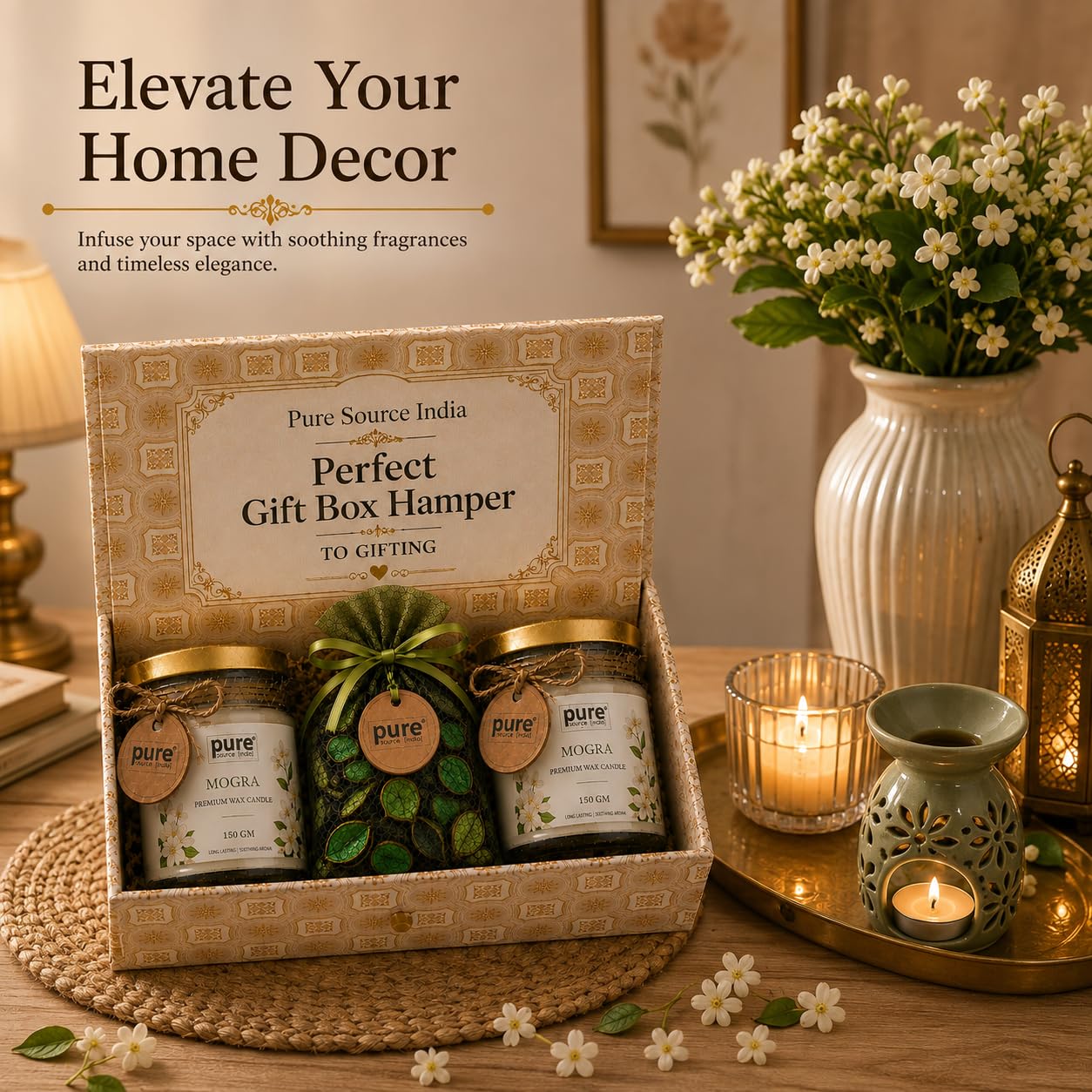 Pure Source India Luxury Festive Gift Box Hamper with Mogra Scented Candles & Green Potpourri| Premium Gift Set