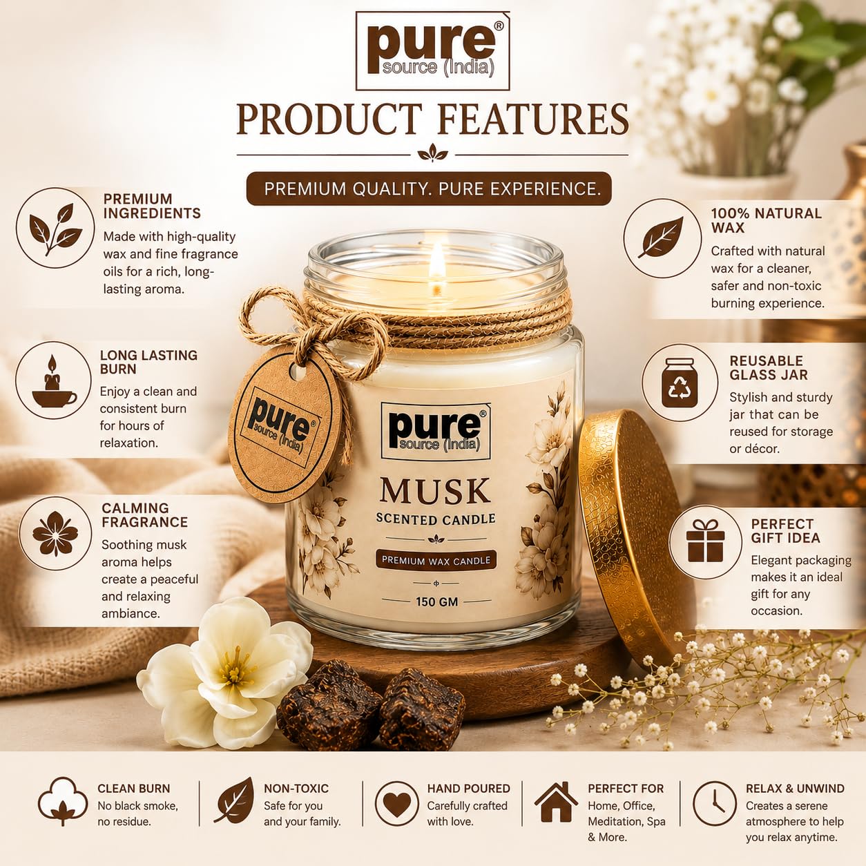 Pure Source India Premium Musk Scented Wax Candle, 150 g | Woody Fragrance | 35–40 Hours Burn Time | Smokeless & Long-Lasting Aromatherapy Candle for Home Decor, Meditation, Diwali, Yoga & Gifting