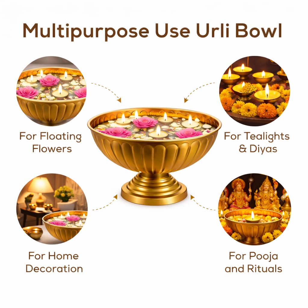 Pure Source India Decorative Metal Urli Bowl with Pedestal Stand, Matte Gold Finish, 8.5 Inch | Round Center Table Bowl for Floating Flowers, Diya, Home Decor, Pooja & Festivals