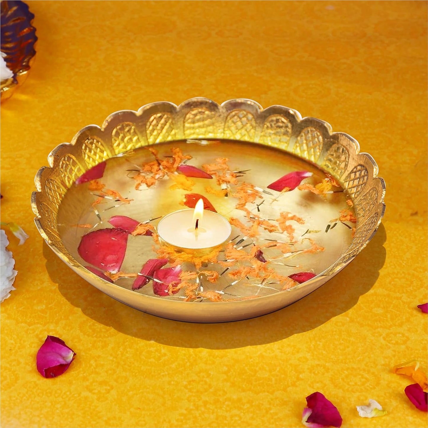 Pure Source India Pure Brass Small Pooja Plate 4.25 Inch with Flower Embossed Design | Traditional Bhog Plate for Puja, Aarti, Prasad, Mandir, Religious Rituals, Home Decor & Gifting